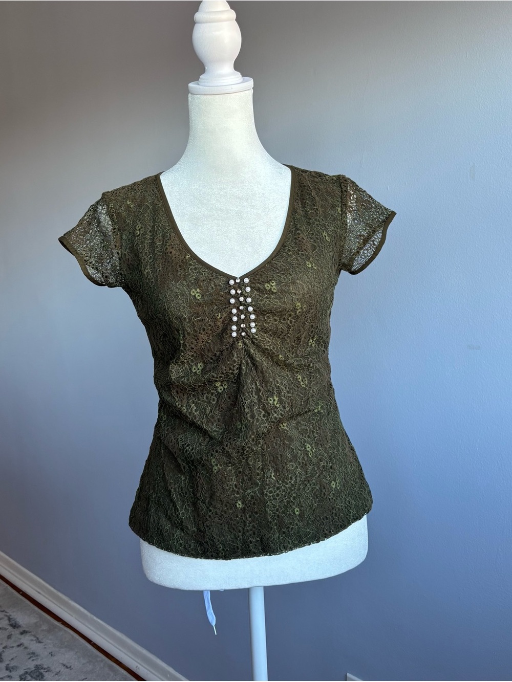 Alfani Vintage Green Lace Tee with Rhinestone Detail